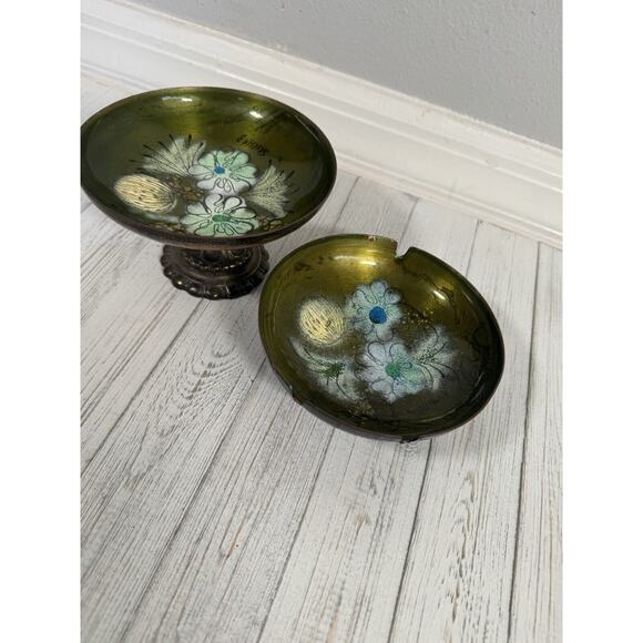 Vintage Sascha Brastoff MCM Enamel Copper Green Floral Plate Ashtray LOT 3 - Picture 12 of 16